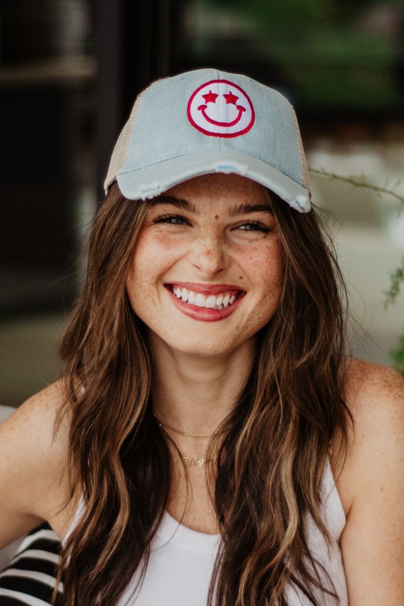 Star Eyed Happy Face Denim Embroidered Trucker Hat