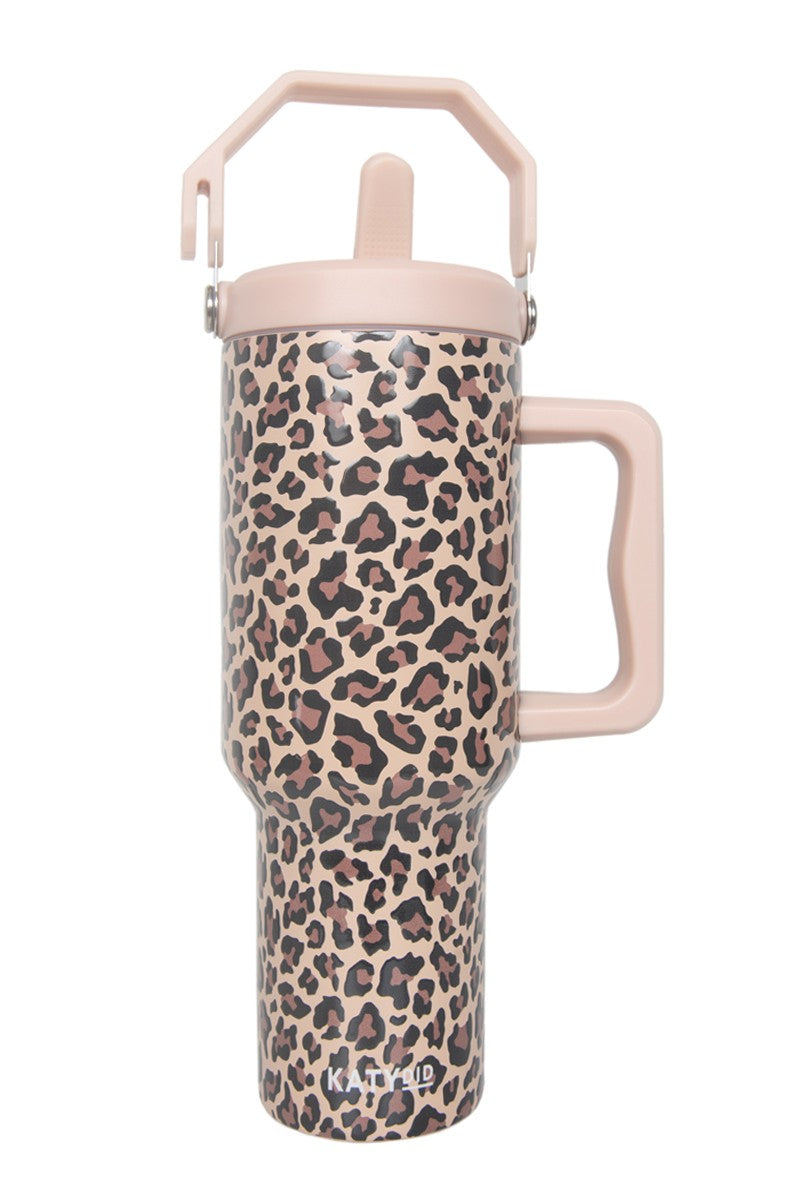 Brown Leopard Stainless Steel Tumbler with Lid Handle - Katydid.com