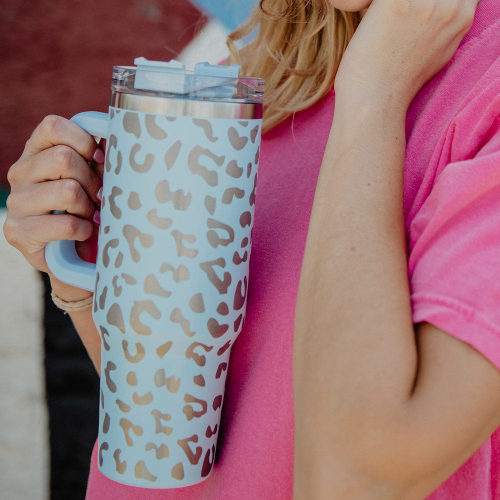 Light Blue METALLIC Leopard Tumbler Cup with Straw