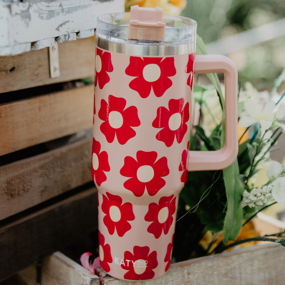 Floral Tumbler, Handle & Reusable Straw