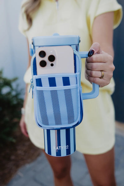 Light Blue and Navy Striped Velcro Bag for Tumbler