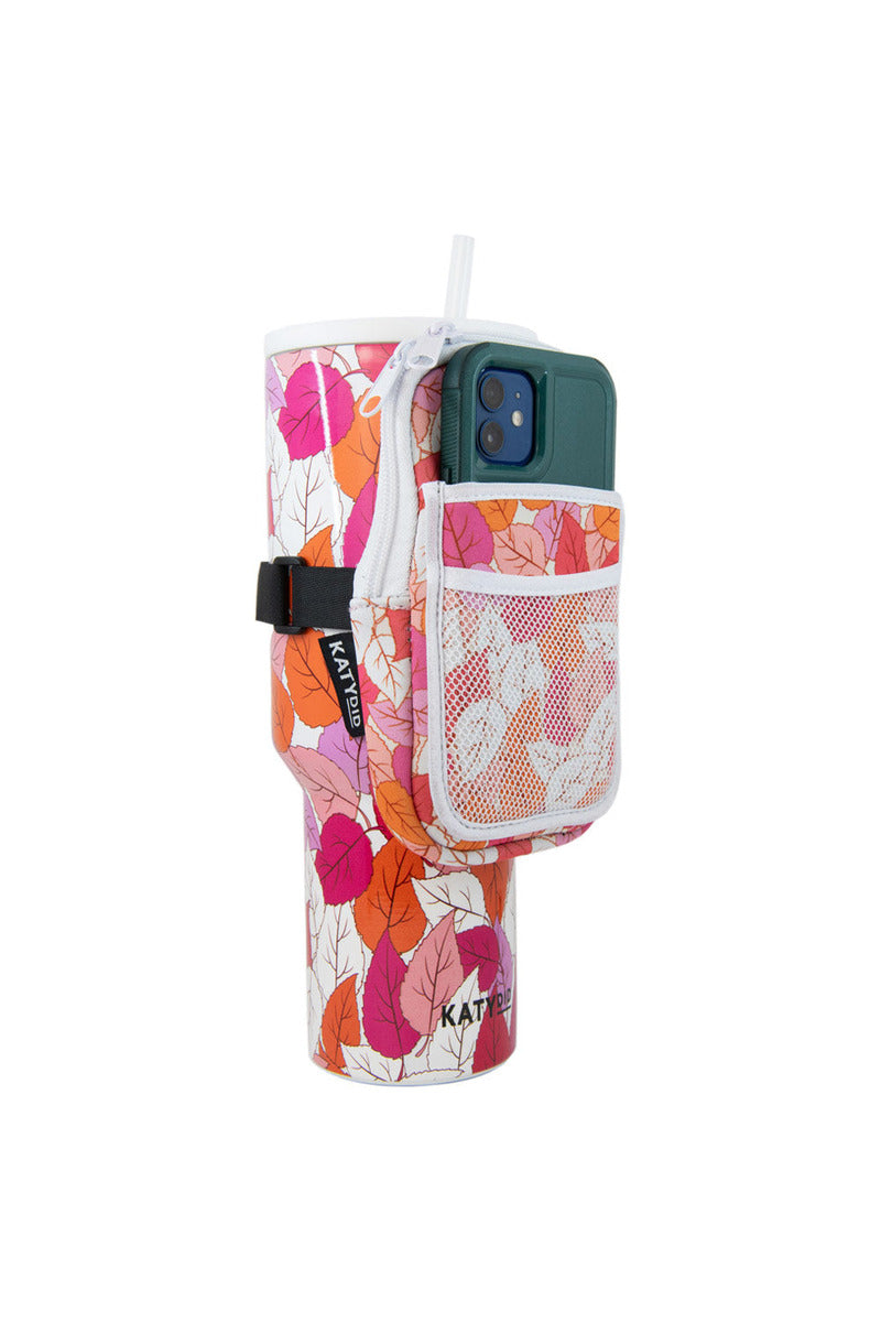 The Katydid Fall Leaves Tumbler Zipper Pouch features a pink, orange, and white leaf pattern, a straw lid, plus a neoprene pouch with zipper for your phone and a mesh pocket—perfect for drinks and essentials on the go.