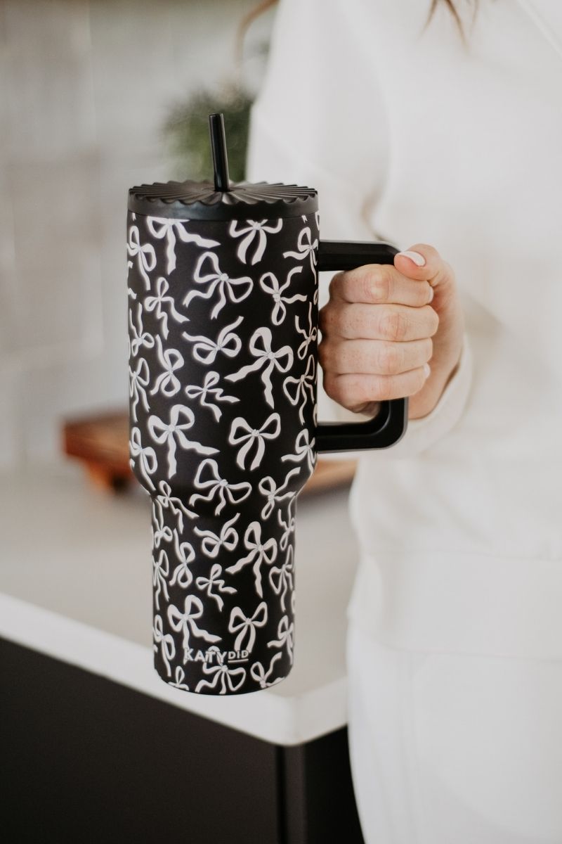 Black & White Bows All Over Drink Tumbler Cup - Thumbnail 4