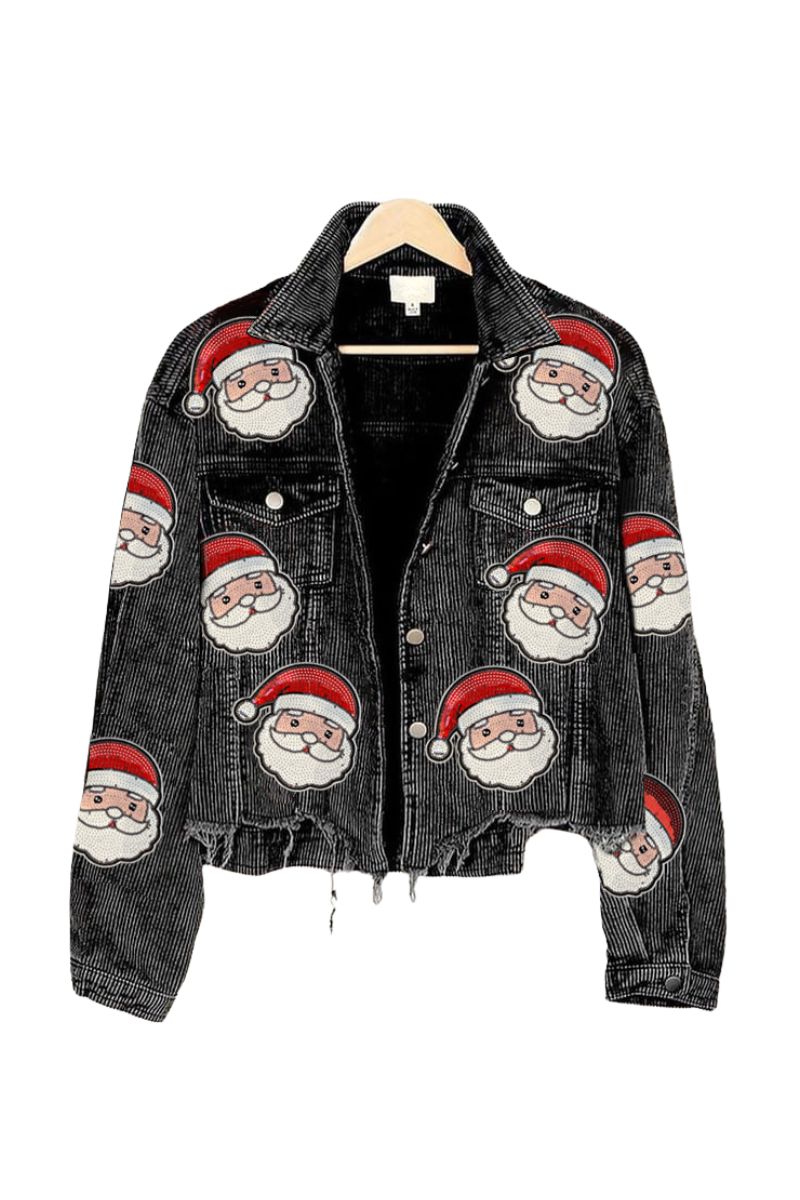 A black frayed denim jacket with santa claus on it