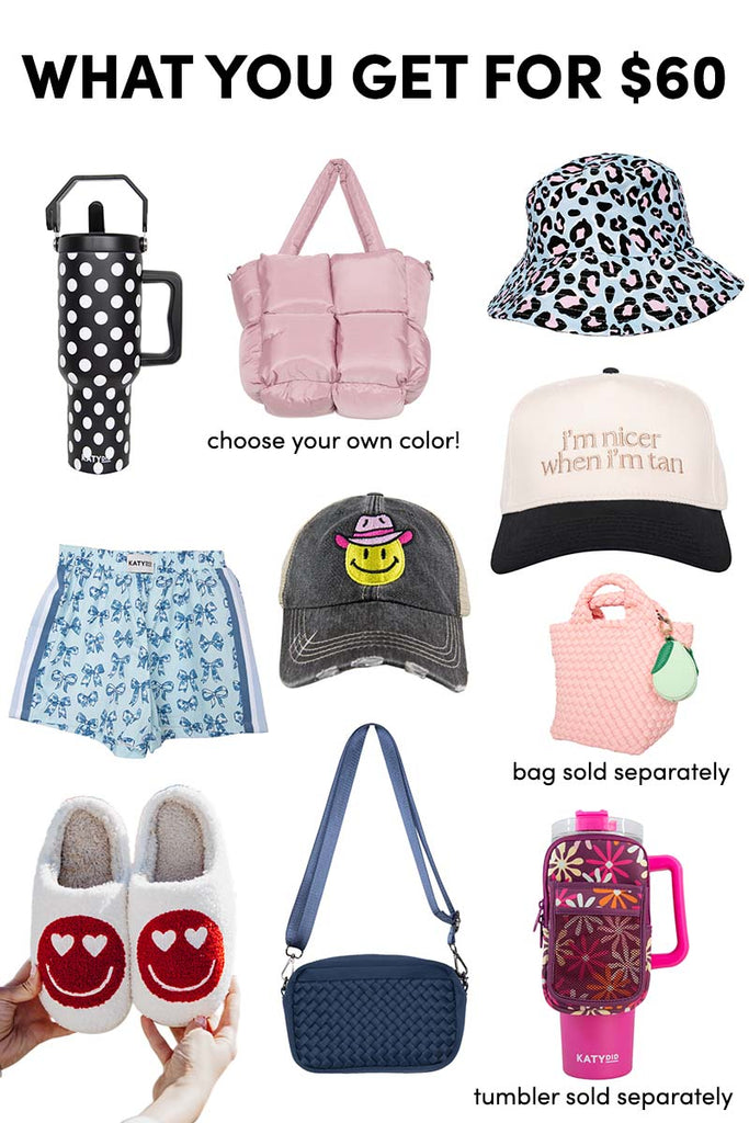 Explore the Build Your Own Katydid Set from Katydid.com—get 10 items for just 60 a 350 value Mix and match tumblers, bags sold separately, hats, shorts, and cozy slippers to create your ideal collection. Some items let you choose your own color for a personalized touch. Complete your look with cute accessories and personalize every set your way.