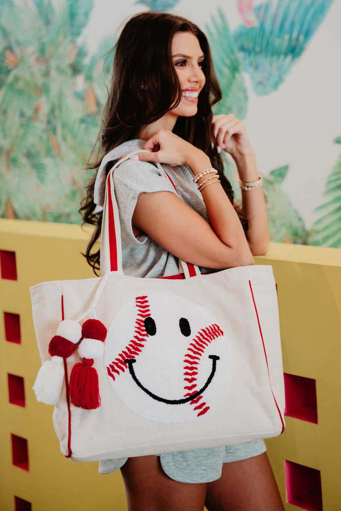 Baseball Oversized Happy Face Canvas Tote Bag