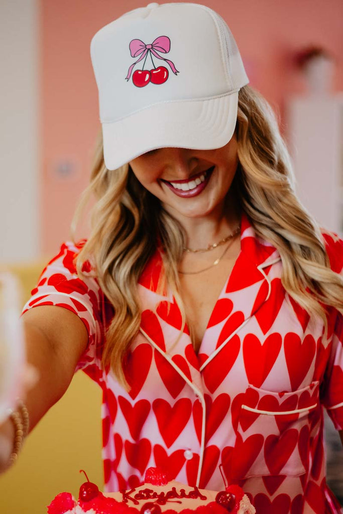 Cherry Bow Foam Mesh Hat