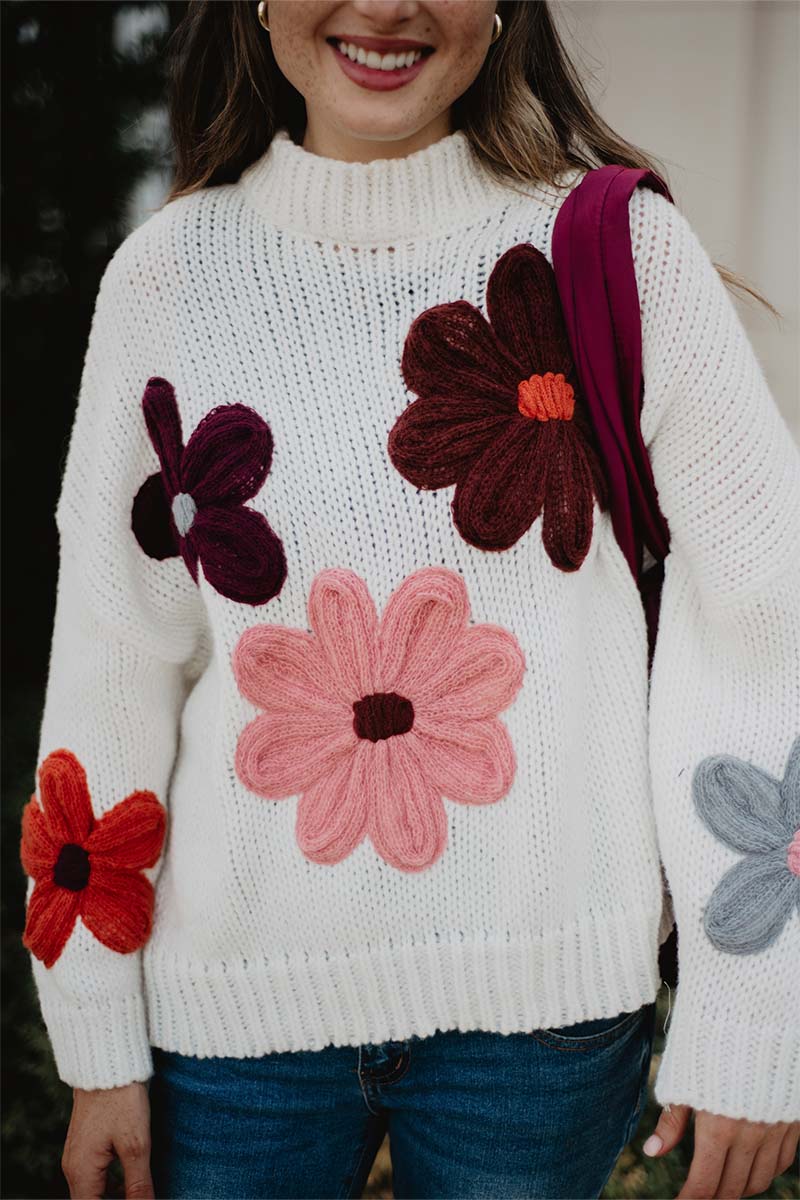 White Floral Warm Fall Stitched Sweater
