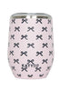 The Katydid Black  Pink Mini Bows Wine Tumbler Cup features small black bows, a stainless steel rim, and insulation to keep drinks at the perfect temperature. Brand name appears near the bottom.