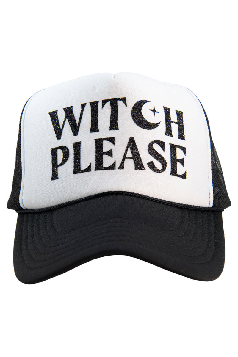 The Katydid Witch Please Foam Trucker Hat features a black and white design with WITCH PLEASE in bold black letters, the C as a crescent moon with a star, and an adjustable snapback—perfect for Halloween or witchy style.