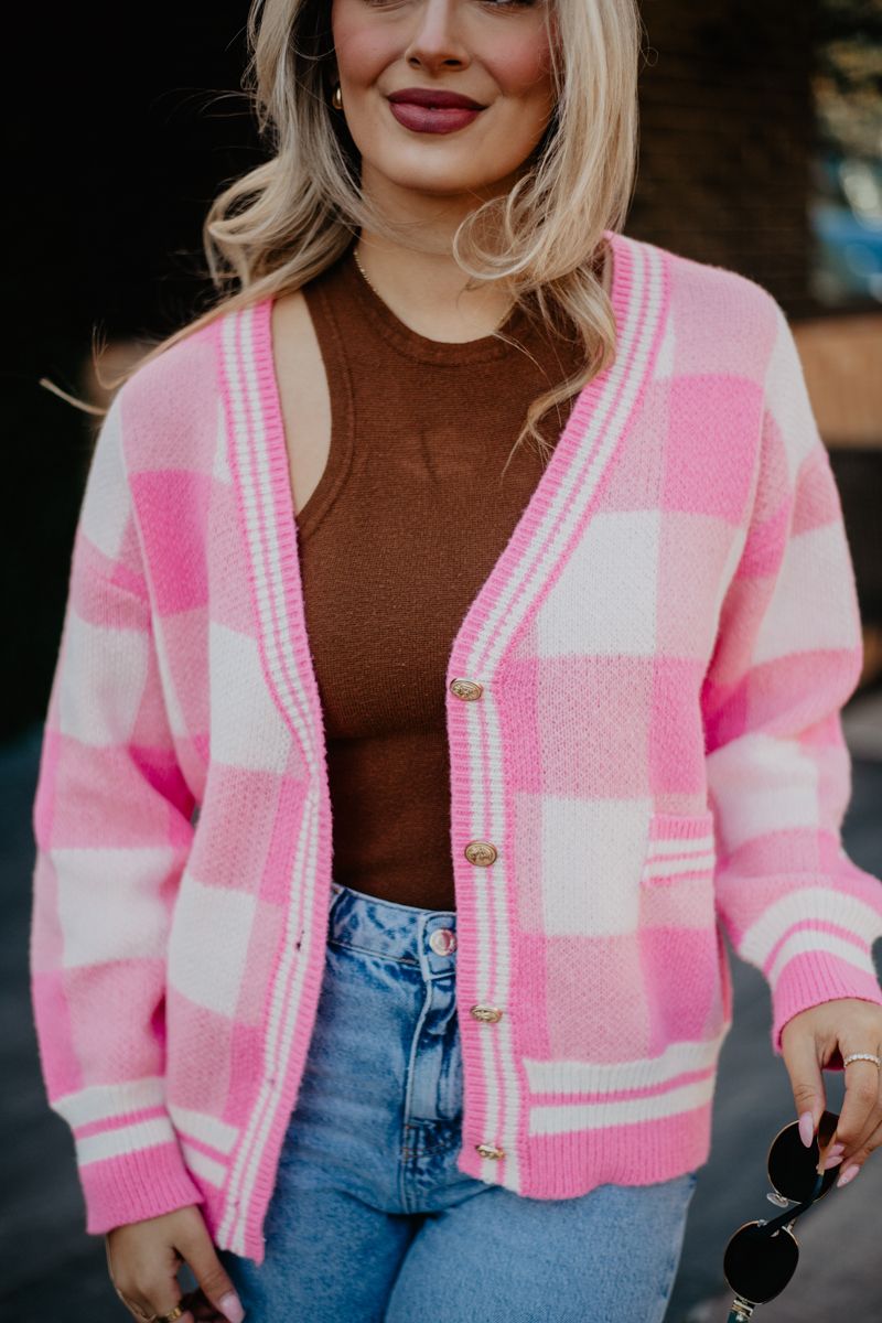 Pink Plaid Knit Cardigan | Women's Fall Outerwear | Katydid
