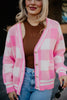 Plaid Gold Button Knitted Pink Cardigan