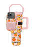 The Sweet Orange Bag for Tumbler by Katydid is a pink belt bag with a handle, decorated with orange and white citrus patterns. It has a front pocket for your smartphone and a small mesh pouch—perfectly stylish and functional.