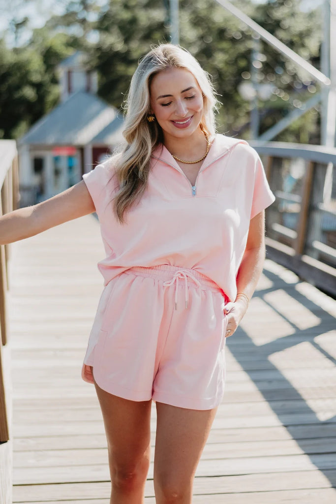 Peach Ladies Scuba Quarter Zip Top and Shorts - Katydid.com