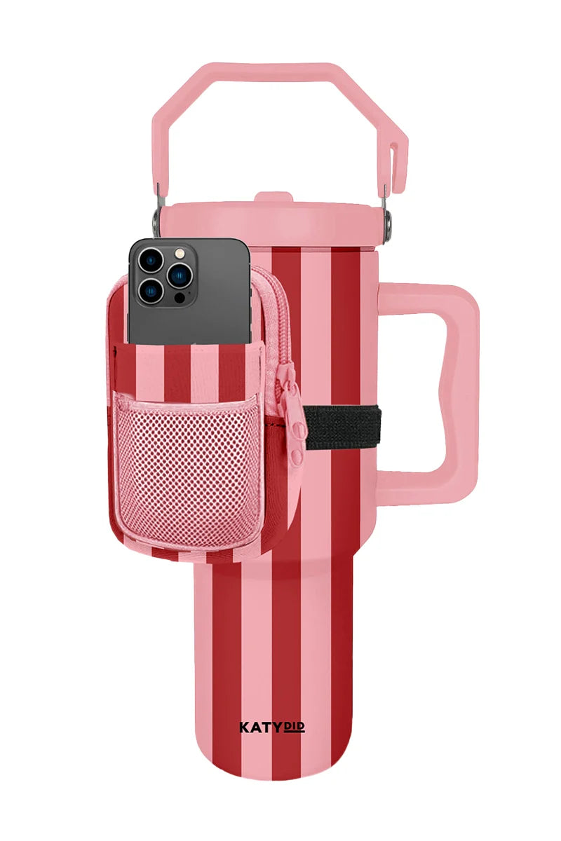 The Katydid Pink and Wine Striped Velcro Bag for Tumbler features a handle, a matching pouch for your smartphone, and a convenient tumbler zipper bag—perfect for on-the-go use.