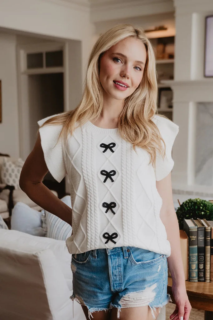 Short Sleeve Bow Sweater Top (White)