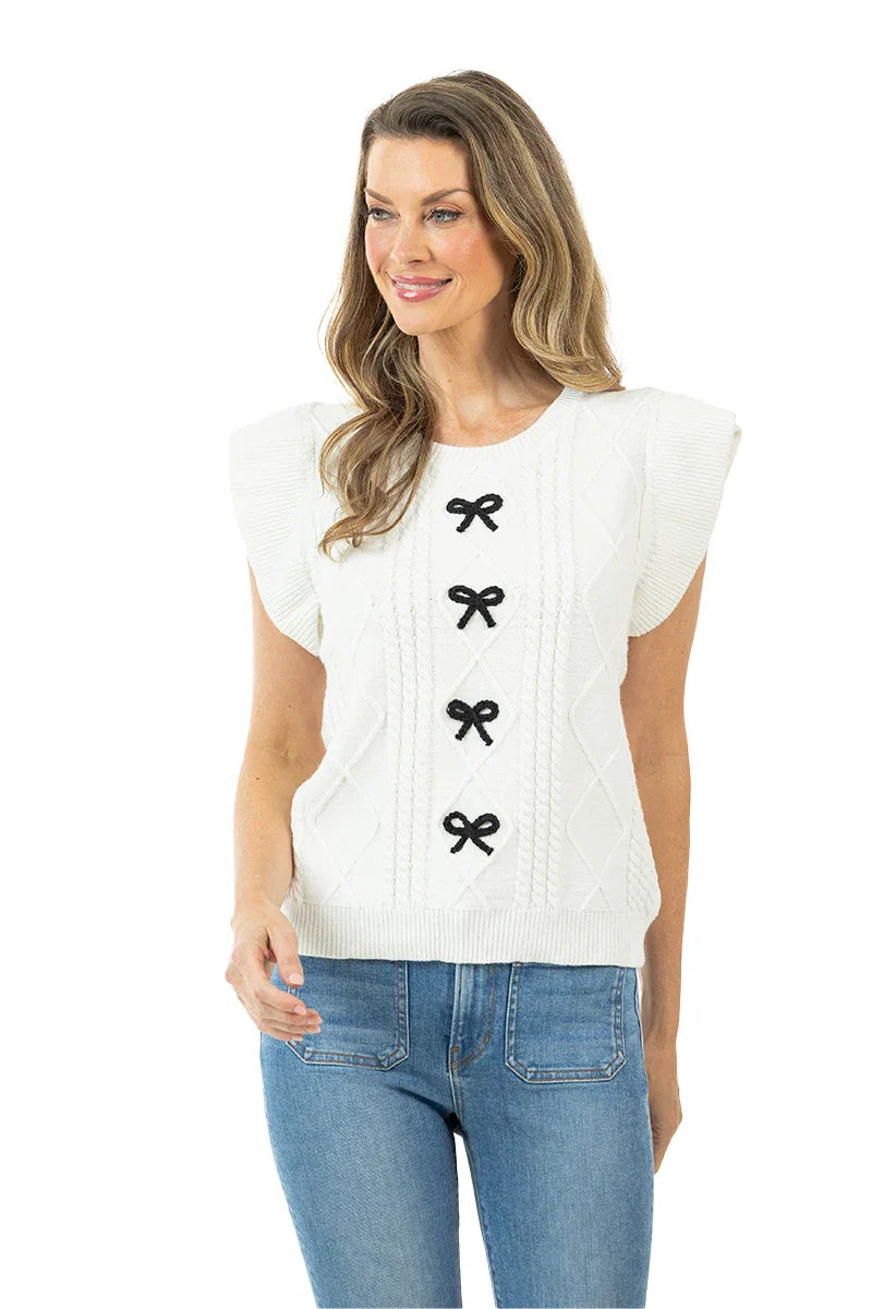 Short Sleeve Bow Sweater Top (White)