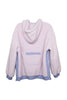 The Katydid Light Purple Two-Toned Sherpa Fleece Pullover features a hood, long sleeves, front pocket, and contrasting lavender panels at the sides and hem for a soft, relaxed fit with cozy textured style.