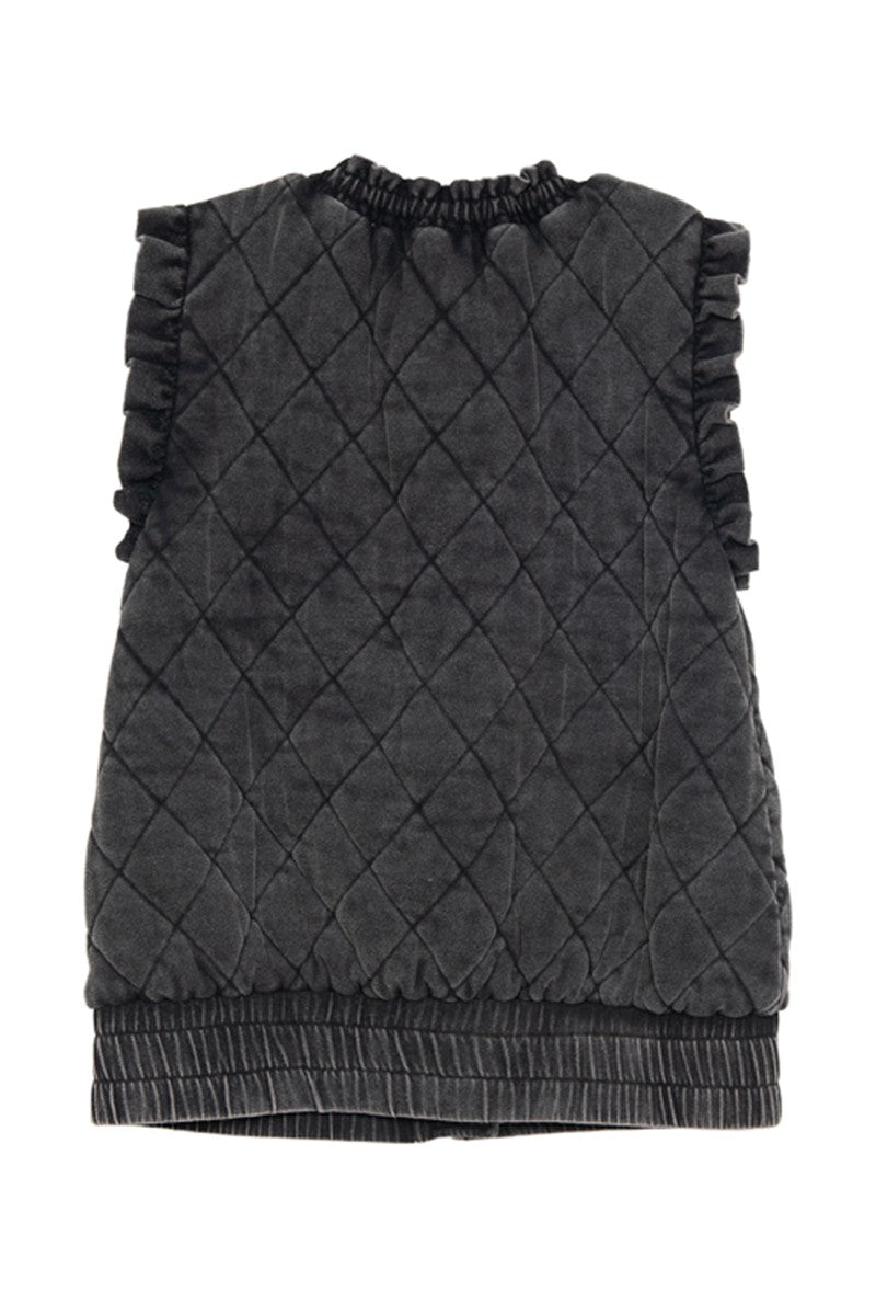 Charcoal Garment Washed Quilted Ruffle Sleeve Vests