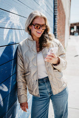 Soft Tan Button Up Quilted Puffer Jacket