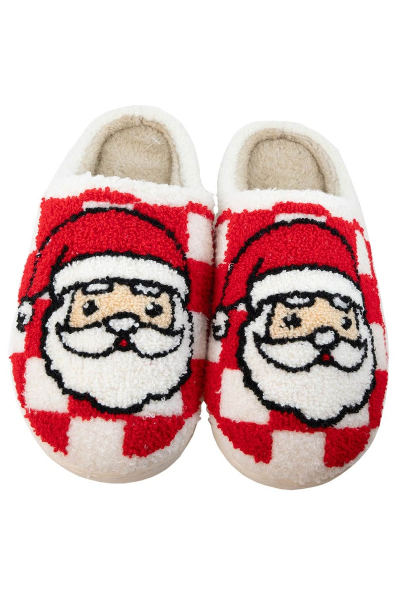 The Katydid Santa Red Checkered Cozy Slippers feature a cheerful cartoon Santa face, festive red checker print, and white accents—ideal for Christmas lounging.