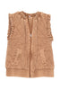 The Katydid Brown Garment Washed Quilted Ruffle Sleeve Vest features a lightweight design, front zipper, side pockets, ribbed hem, and ruffled armholes—ideal for achieving a cozy fall look.