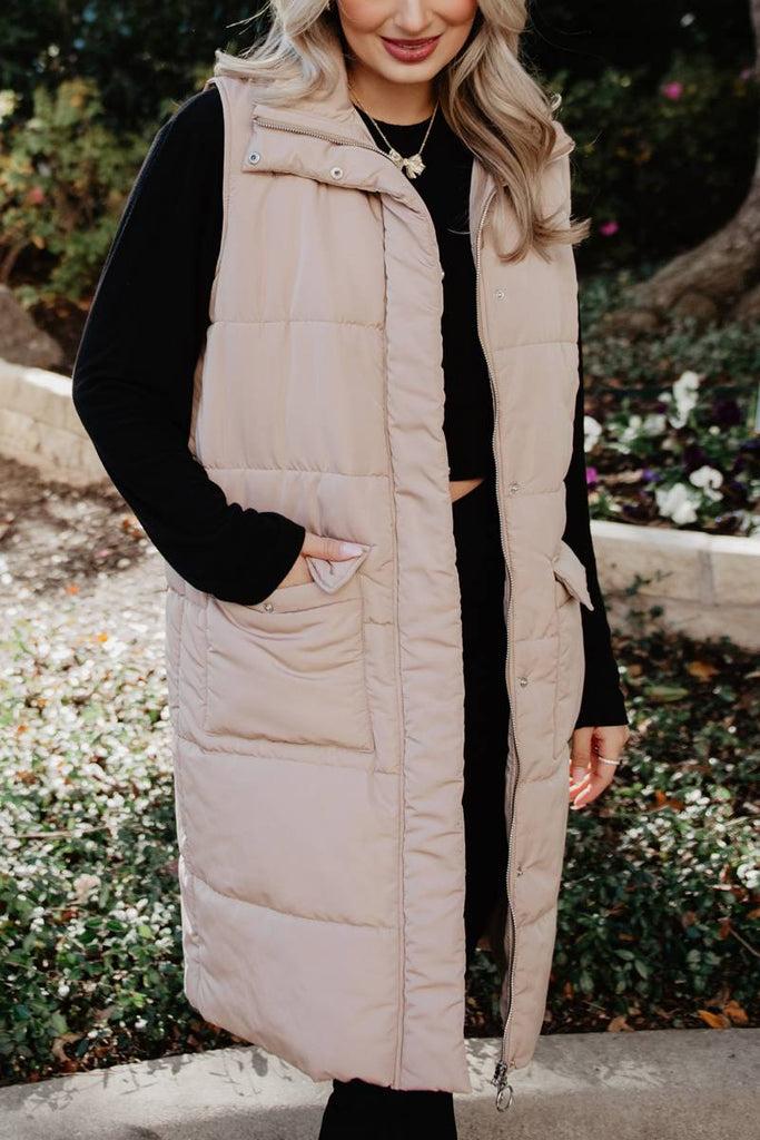 Tan Long Quilted Puffer Vest