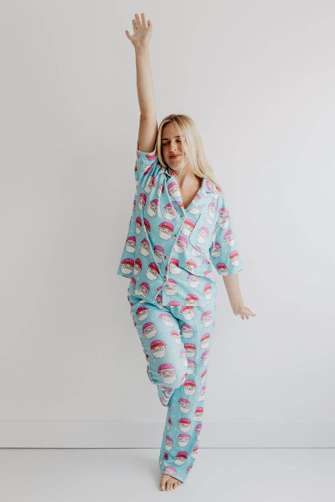 Pink Santa Hats Blue Matching Loungewear Set