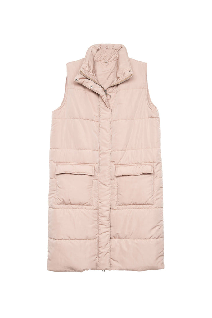 Tan Long Quilted Puffer Vest