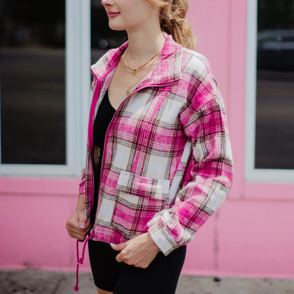 Pink Plaid Cropped Shacket Womens