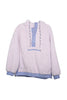 The Katydid Light Purple Two-Toned Sherpa Fleece Pullover features a front zip pocket, blue zipper and hem accents, a buttoned half-placket, and white-and-purple striped drawstrings on the hood.