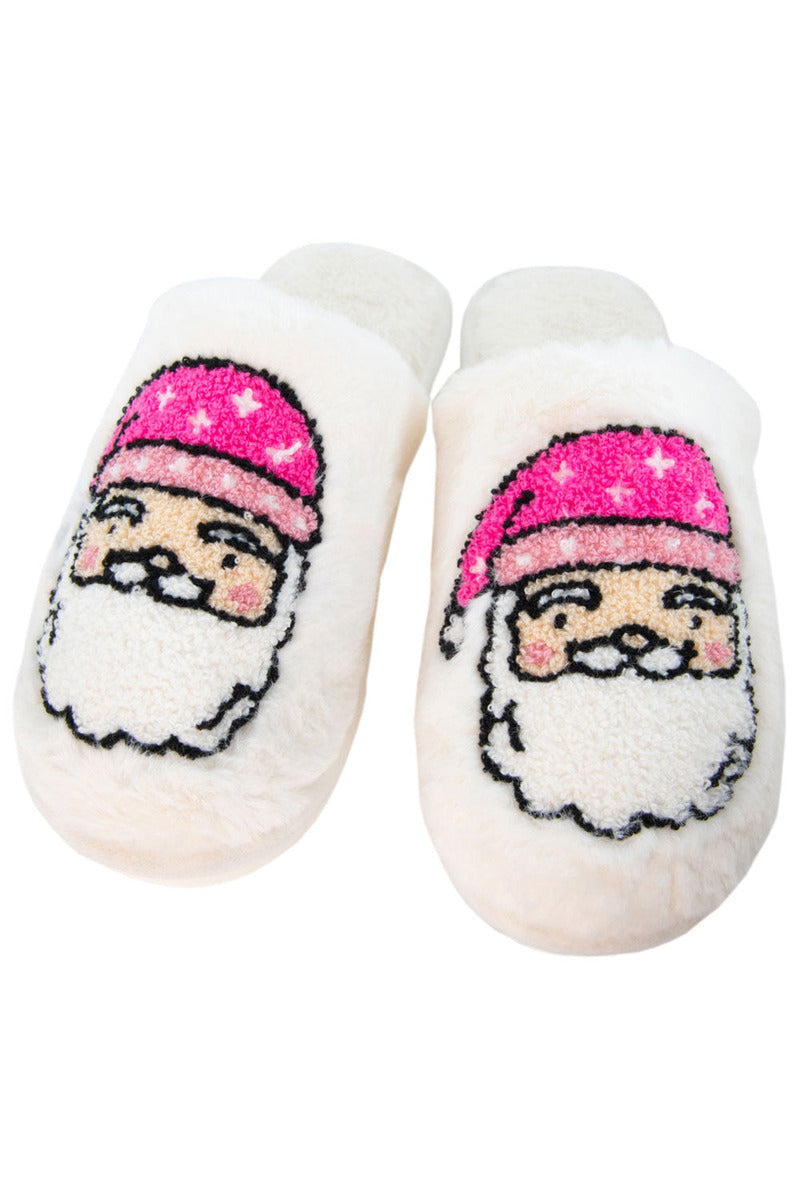 Katydids Pink Santa Face Best Womens Slippers are white plush slippers with embroidered Santa Claus faces, each with a pink hat and white beard on top.