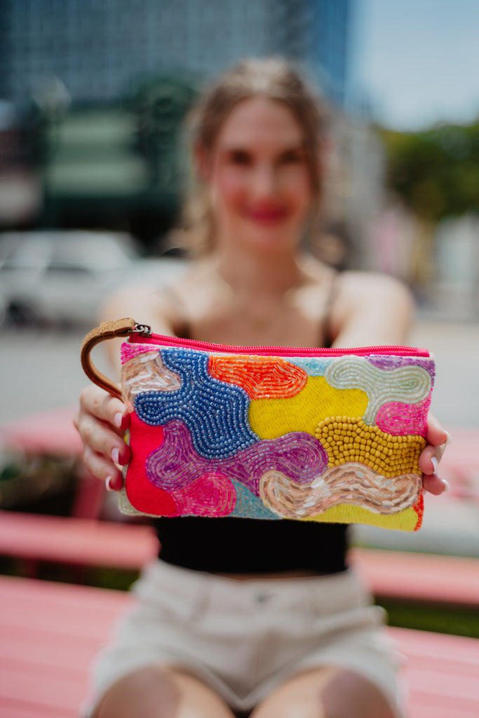 Multicolored Aztec Sequin and Beaded Wristlet w/ Leather Strap