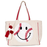 Baseball Oversized Happy Face Canvas Tote Bag