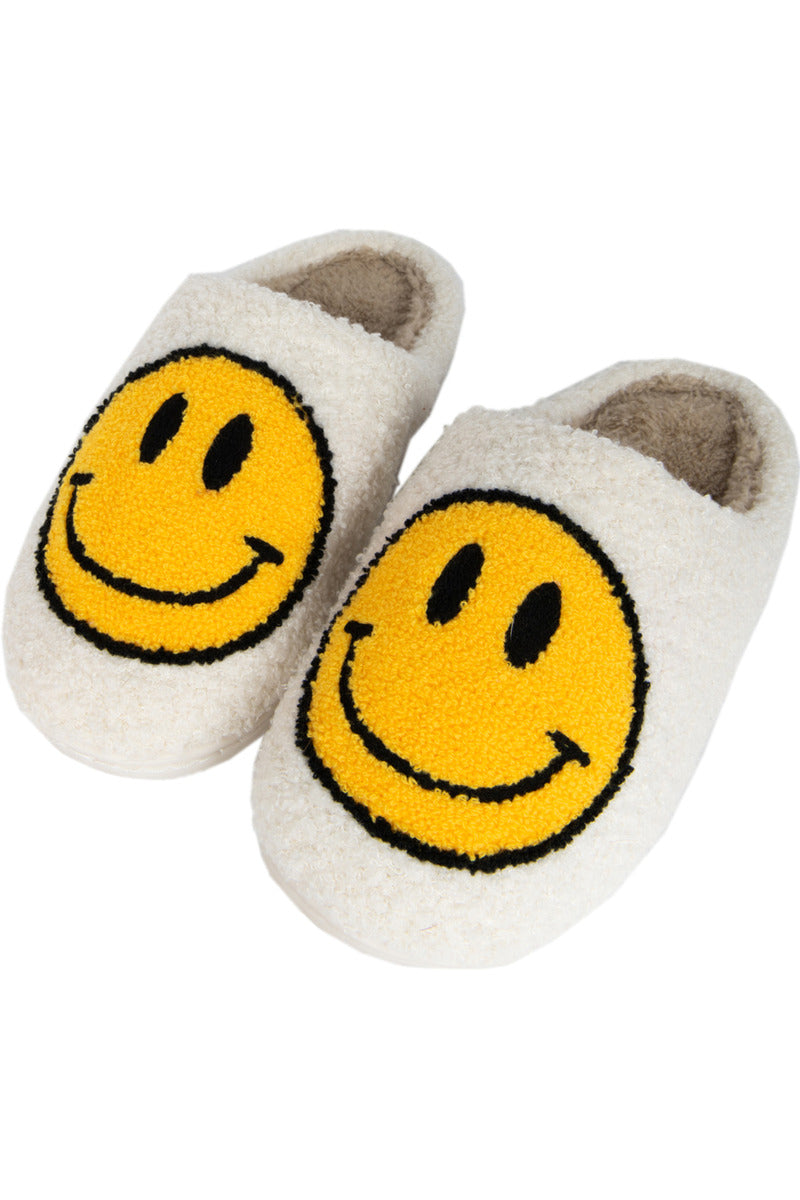 White Fuzzy Happy Face Slippers - Katydid.com