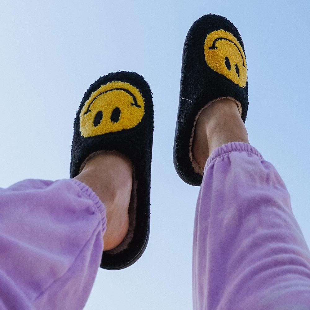 White Fuzzy Happy Face Slippers