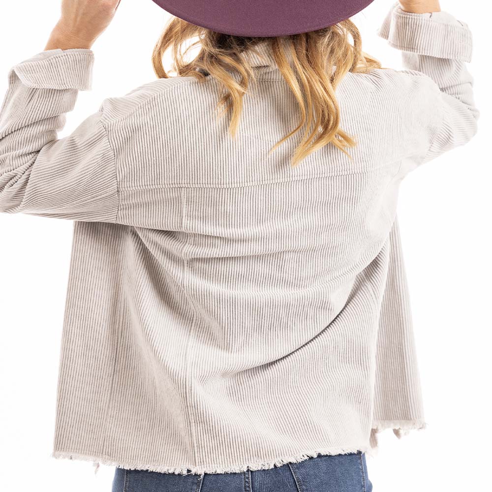 Beige Corduroy Distressed Shacket for Women