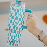 Aqua Checkered Pattern Insulated Tumbler Cup