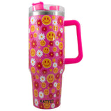 Red Flower Happy Face Tumbler Cup w/ Handle