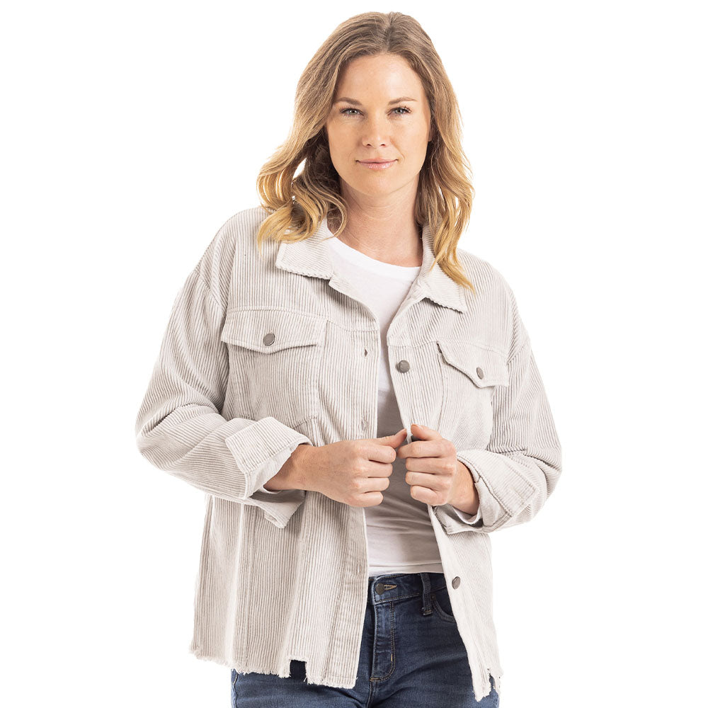 Beige Corduroy Distressed Shacket for Women