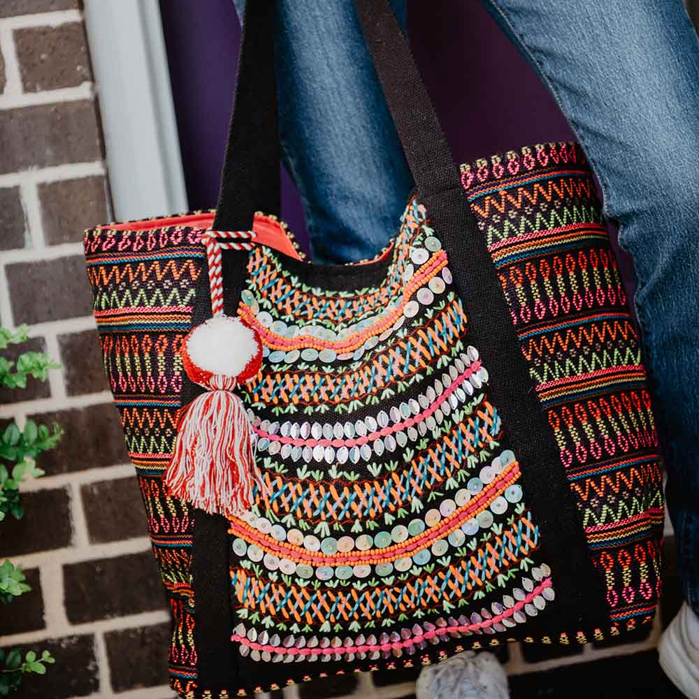 Black/Multicolored Aztec Embroidered Tote Bag