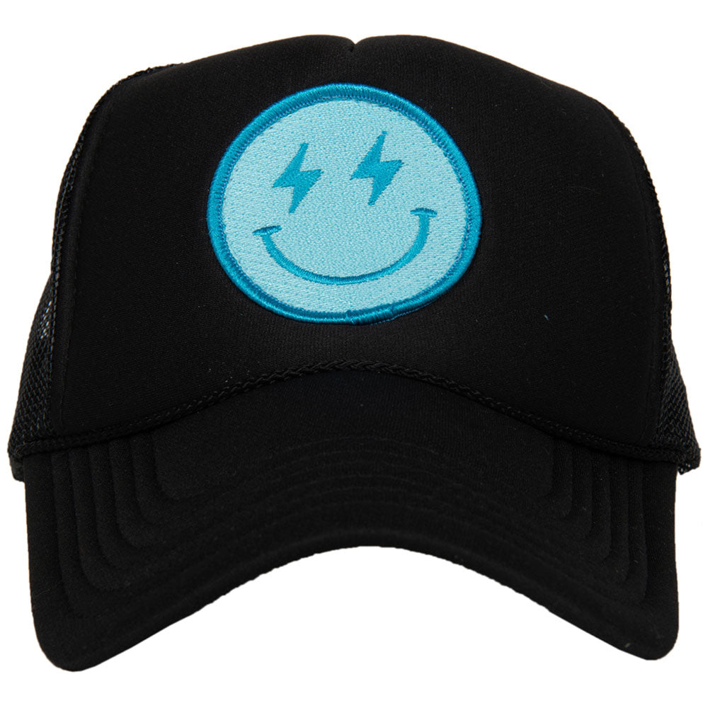 Turquoise Lightning Smiley Face Foam Trucker Hat (All Black)