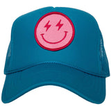 Hot Pink Lightning Smiley Face Foam Trucker Hat (Blue)