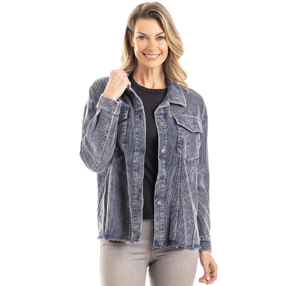 Navy Corduroy Distressed Shacket for Women