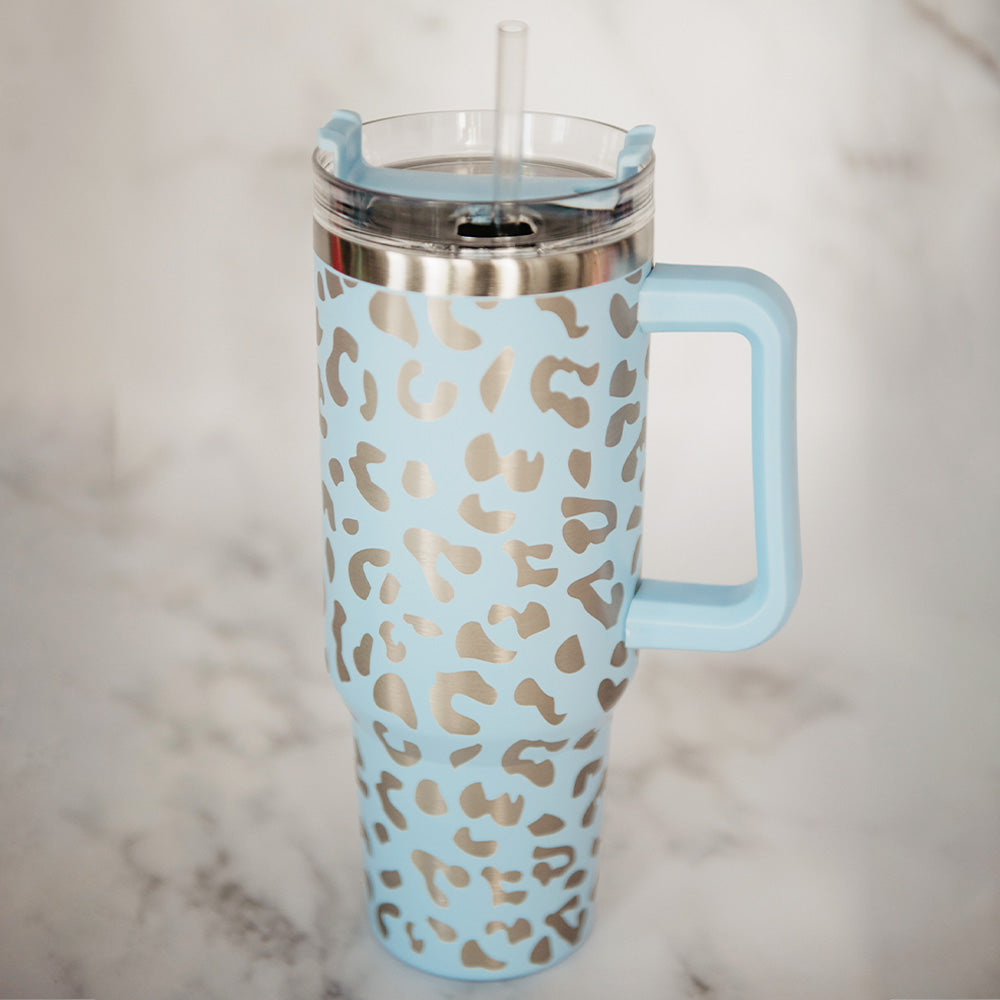 Blue Leopard Insulated Tumbler with Handle