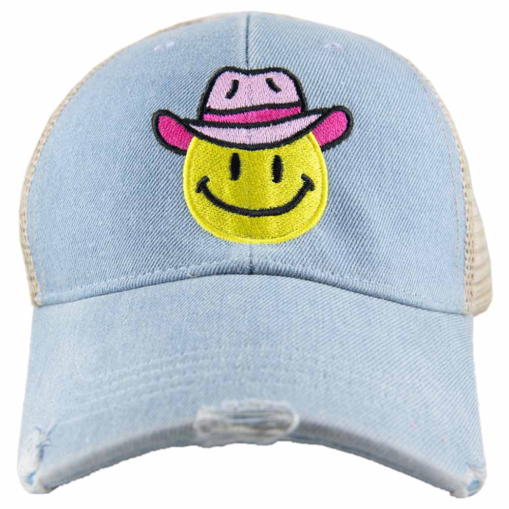 Cowboy Hat Happy Face Denim Trucker Hat