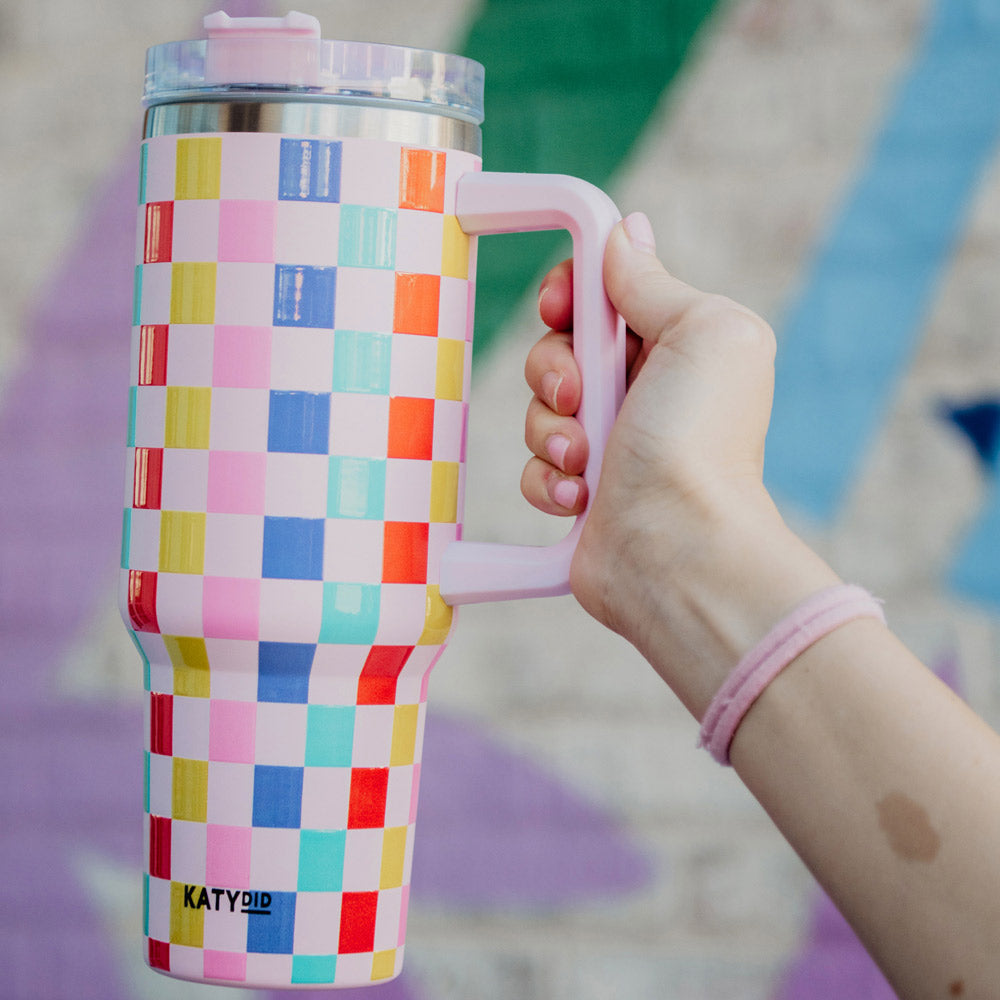 Multicolored Checkered Tumbler Cup w/ Handle