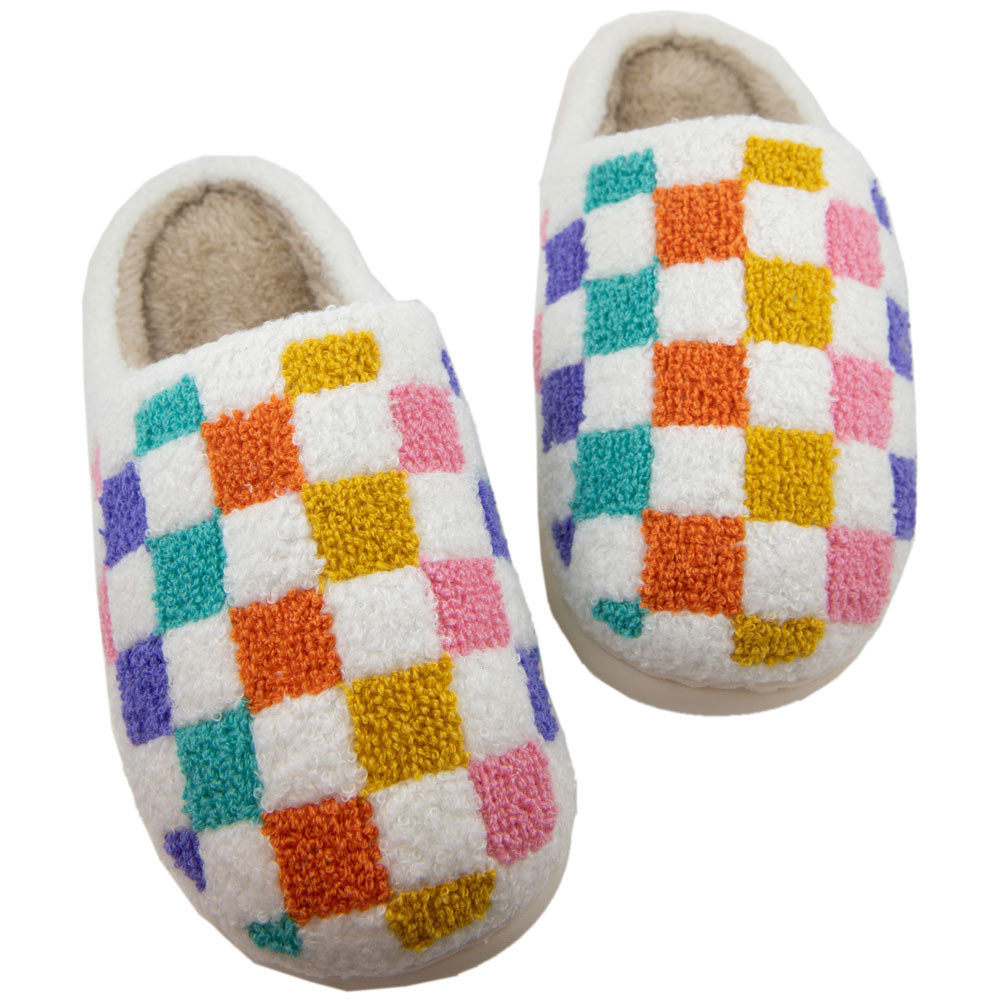 Multicolored Checkered Pattern Fuzzy Slippers