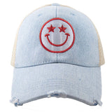 Star Eyed Happy Face Denim Embroidered Trucker Hat