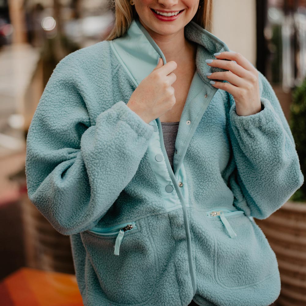 Mint Buttoned Slouchy Athletic Fleece Jacket